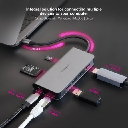 Docking Tipo-C Nanocable 10.16.4609/ 3xUSB/ 1xHDMI 4K/ 1xRJ45/ 1xLeitor de cartões/ 1xUSB Tipo-C PD/ Cinzento - Imagem 4