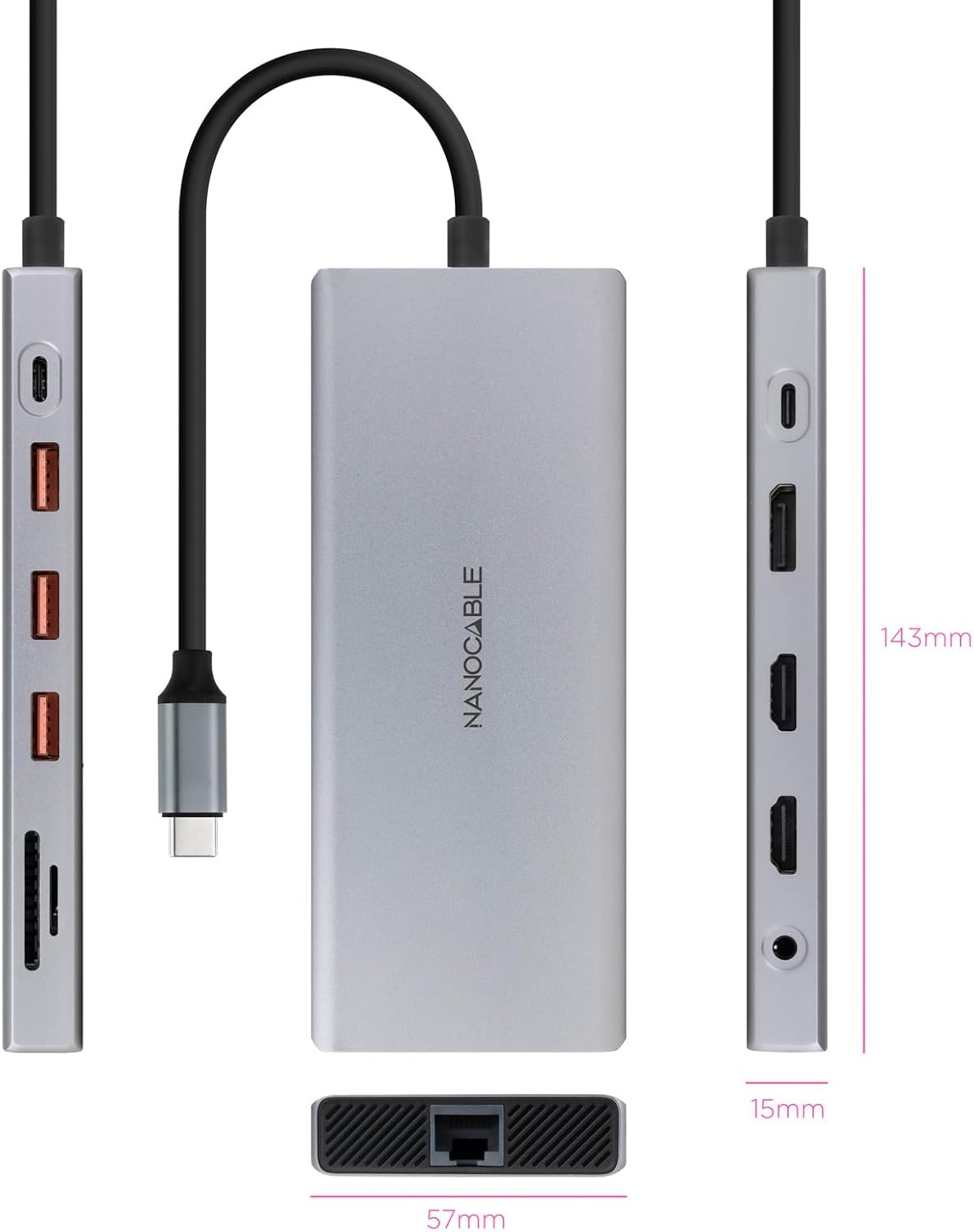 Docking Tipo-C Nanocable 10.16.4612/ 3xUSB/ 1xUSB Tipo-C/ 2xHDMI 4K/ 1xDisplayPort/ 1xRJ45/ 1xLeitor cartões/ 1xJack 3.5/ 1xUSB Tipo-C PD/ Cinzento - Imagem 2