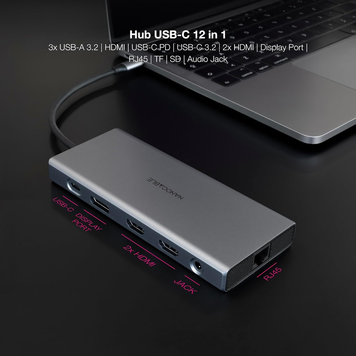 Docking Tipo-C Nanocable 10.16.4612/ 3xUSB/ 1xUSB Tipo-C/ 2xHDMI 4K/ 1xDisplayPort/ 1xRJ45/ 1xLeitor cartões/ 1xJack 3.5/ 1xUSB Tipo-C PD/ Cinzento - Imagem 3