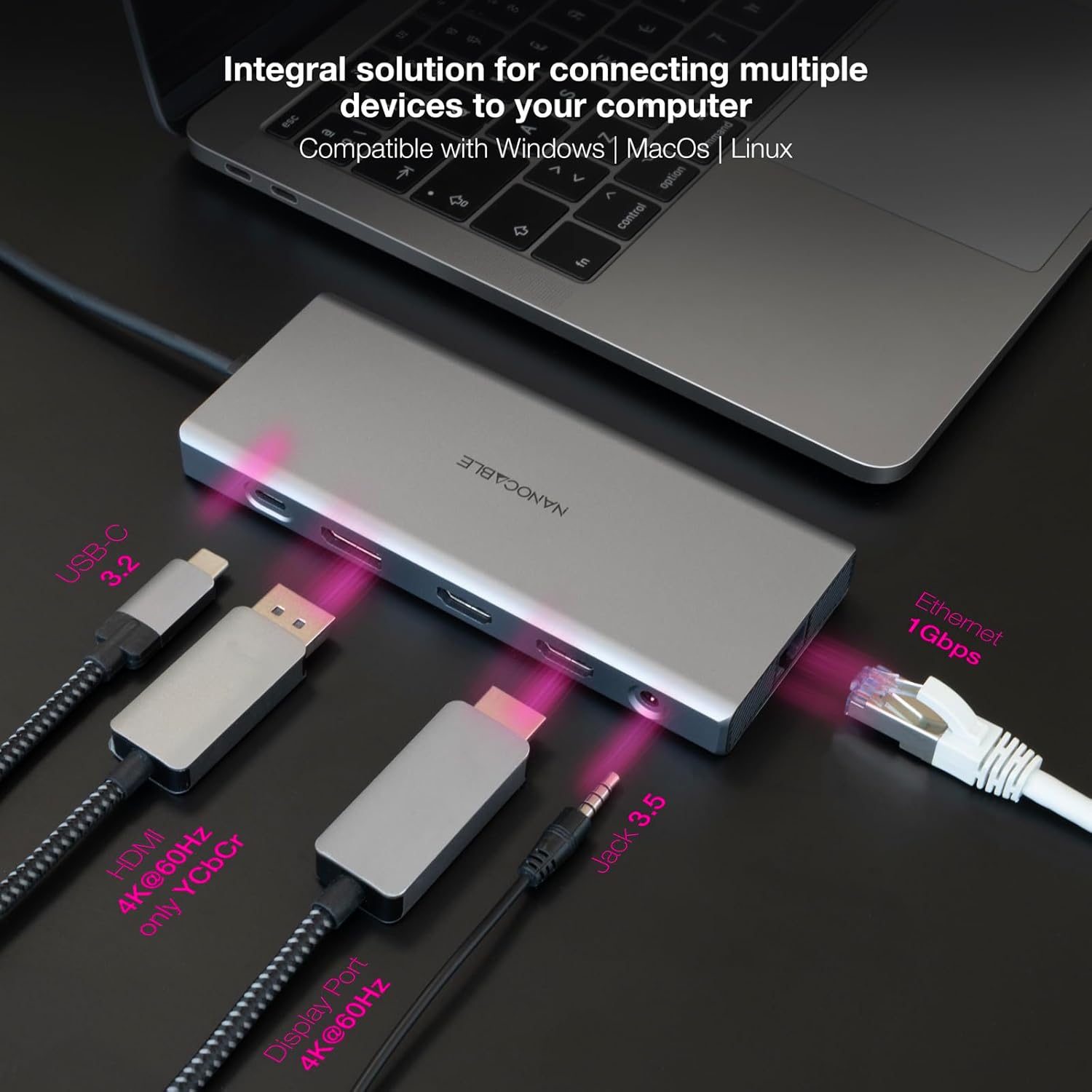 Docking Tipo-C Nanocable 10.16.4612/ 3xUSB/ 1xUSB Tipo-C/ 2xHDMI 4K/ 1xDisplayPort/ 1xRJ45/ 1xLeitor cartões/ 1xJack 3.5/ 1xUSB Tipo-C PD/ Cinzento - Imagem 5