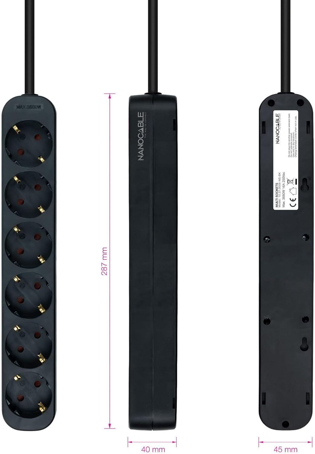 Reglete Nanocable 10.37.0006-NS-BK/ 6 Tomadas de Corrente/ Cabo 1.4m/ Preto - Imagem 3