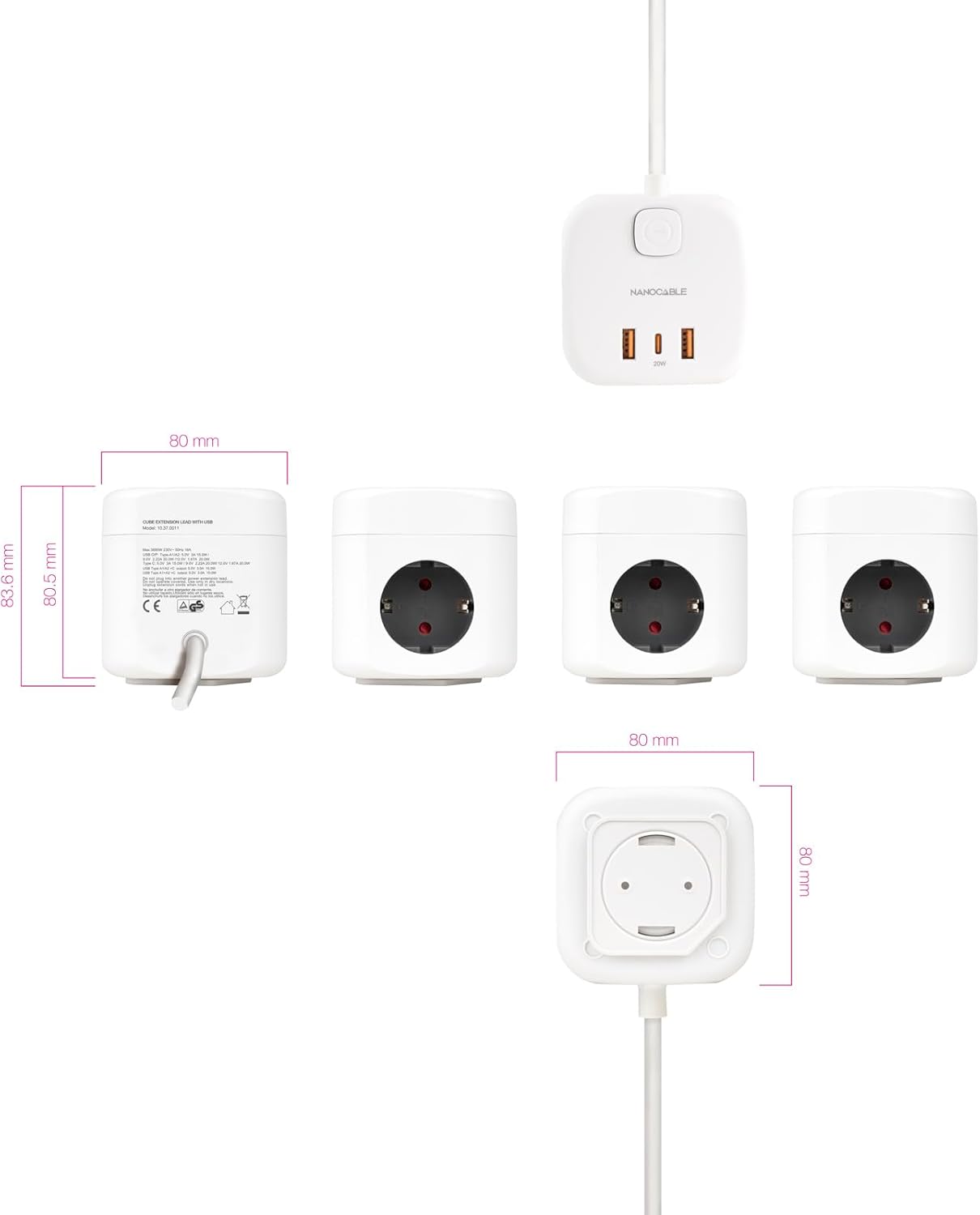 Régua Nanocable 10.37.0011/ 3 Tomadas de corrente/ 2 USB - 1 USB Tipo-C/ Cabo 1.4m/ Branca - Imagem 4