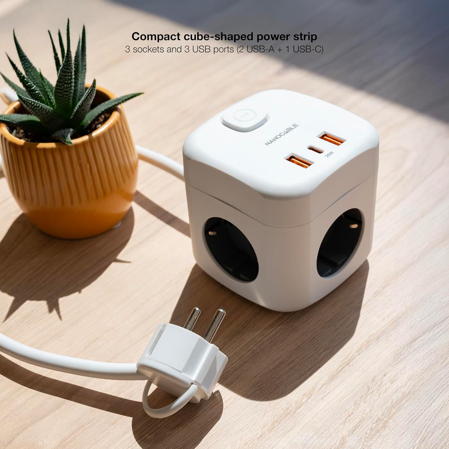 Régua Nanocable 10.37.0011/ 3 Tomadas de corrente/ 2 USB - 1 USB Tipo-C/ Cabo 1.4m/ Branca - Imagem 2