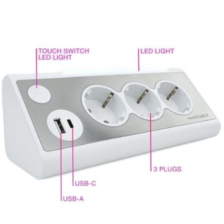 Régua de Extensão com Interruptor Nanocable 10.37.0013-W/ 3 Tomadas de Corrente/ 1 USB/ 1 USB Tipo-C/ Cabo 1.5m/ Branca - Imagem 3