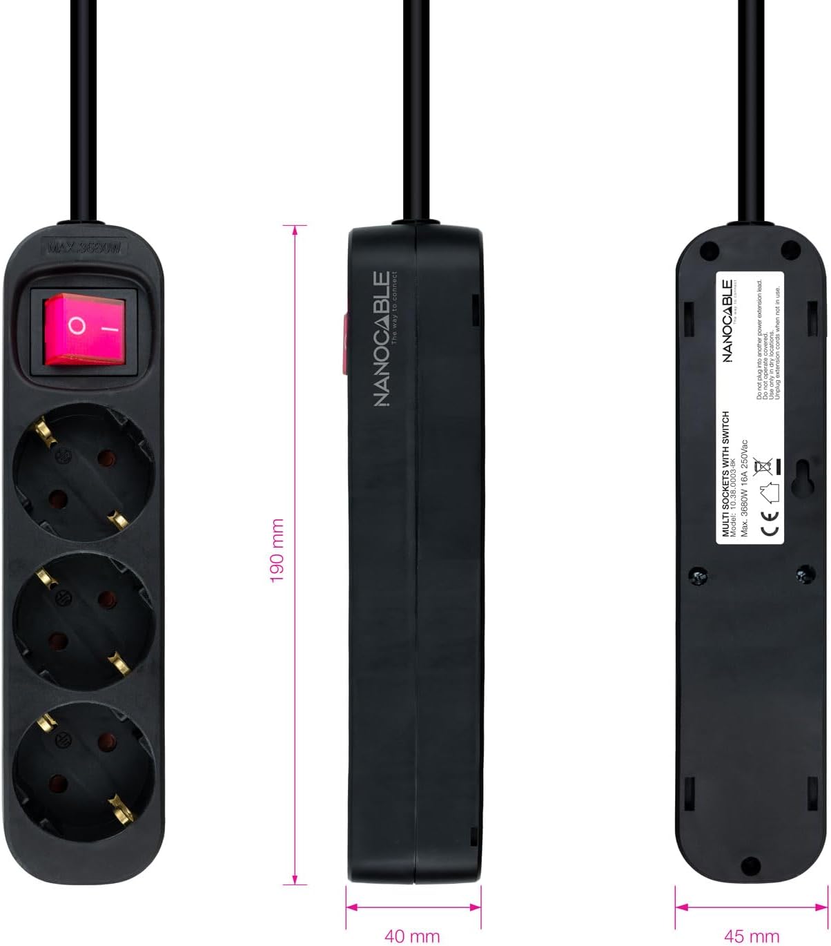 Régua com Interruptor Nanocable 10.38.0003-BK/ 3 Tomadas de Corrente/ Cabo 1.4m/ Preta - Imagem 3
