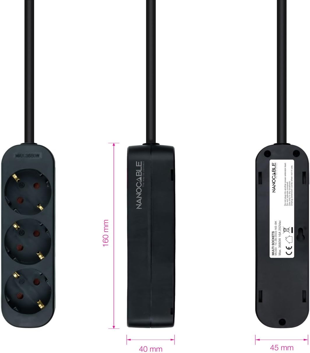 Régua Nanocable 10.38.0003-NS-BK/ 3 Tomadas de Corrente/ Cabo 1.4m/ Preta - Imagem 3