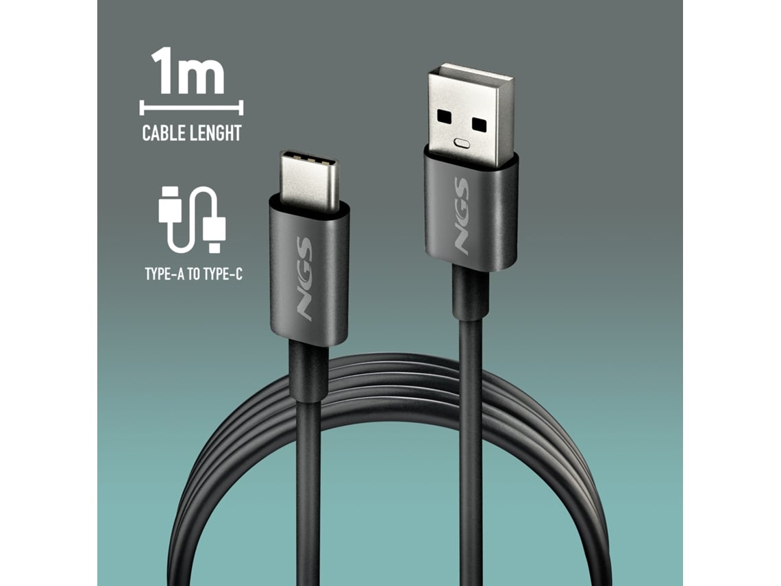 Cabo USB 2.0 NGS ZYRO-AC/ USB Macho - USB Tipo-C Macho/ Até 15W/ 480Mbps/ 1m/ Preto