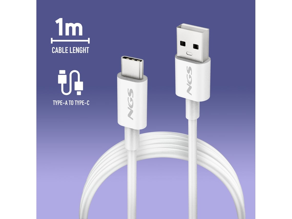 Cabo USB 2.0 NGS ZYRO-AC/ USB Macho - USB Tipo-C Macho/ Até 15W/ 480Mbps/ 1m/ Branco - Imagem 2