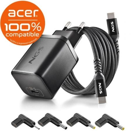 Carregador de Portátil GaN NGS BUD65W-AC para Acer/ 1xUSB Tipo-C/ 65W/ Automático/ 4 Conectores/ Voltagem 5-20V