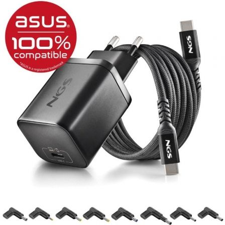 Carregador de Portátil GaN NGS BUD65W-AS para Asus/ 1xUSB Tipo-C/ 65W/ Automático/ 8 Conectores/ Voltagem 5-20V