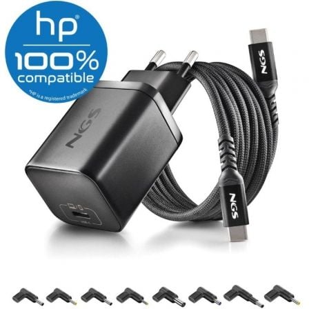 Carregador de Portátil GaN NGS BUD65W-H para HP/ 1xUSB Tipo-C/ 65W/ Automático/ 8 Conectores/ Voltagem 5-20V