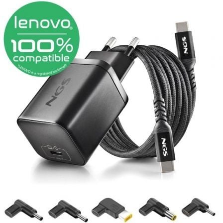 Carregador de Portátil GaN NGS BUD65W-L para Lenovo/ 1xUSB Tipo-C/ 65W/ Automático/ 5 Conectores/ Voltagem 5-20V
