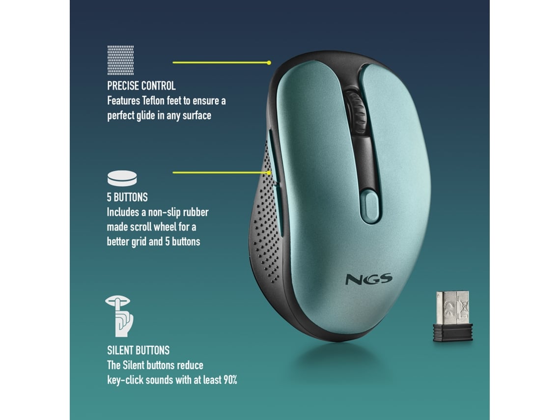 Rato Sem Fios NGS Evo Rust/ Bateria Recarregável/ Até 1600 DPI/ Verde Água - Imagem 4