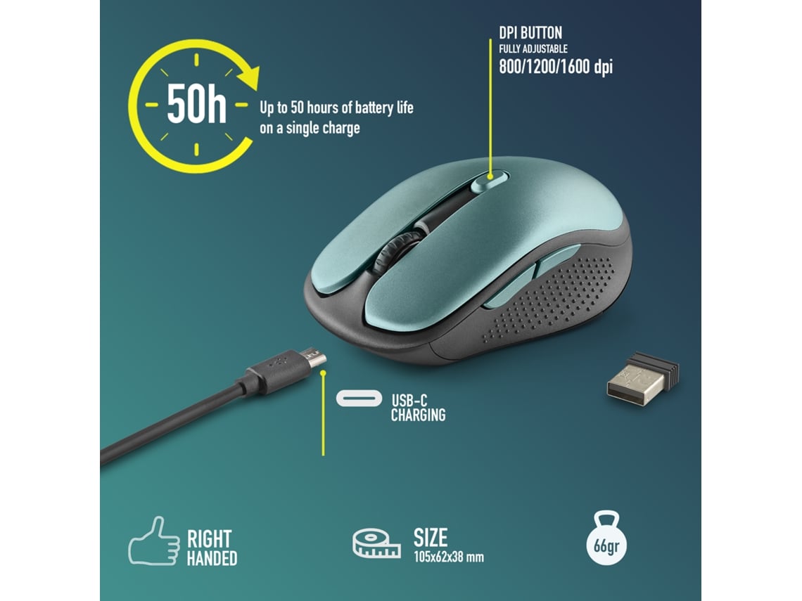 Rato Sem Fios NGS Evo Rust/ Bateria Recarregável/ Até 1600 DPI/ Verde Água - Imagem 2