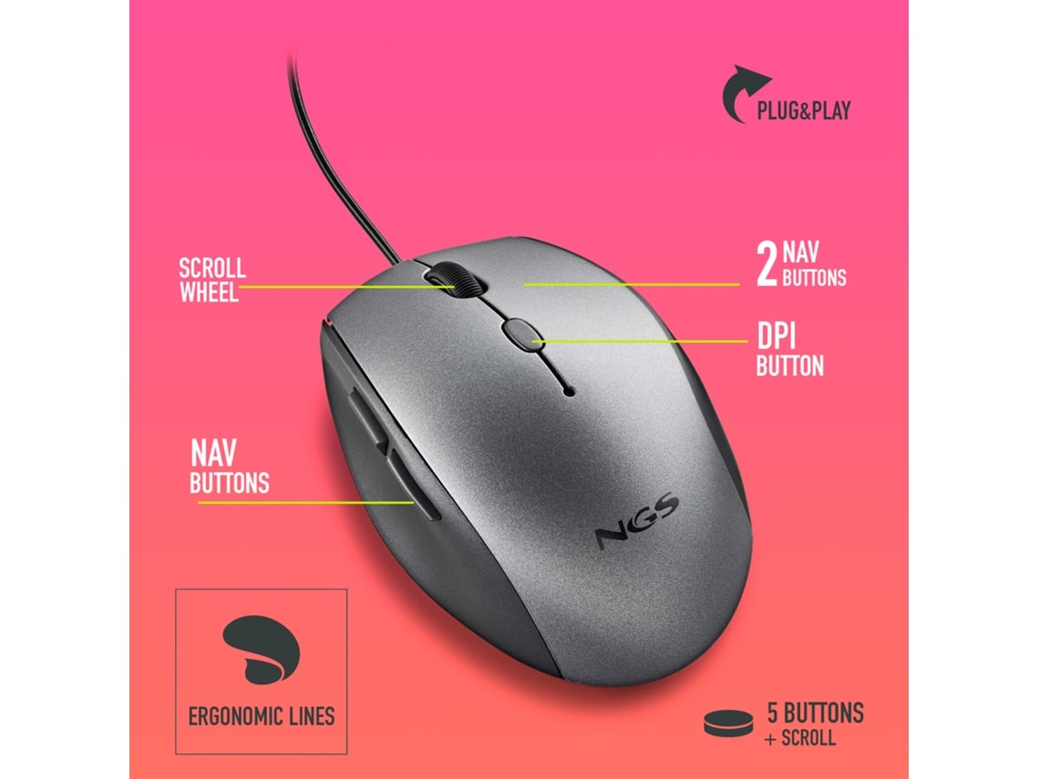 Rato Ergonómico NGS Moth Gray/ Até 1600 DPI/ Cinzento - Imagem 4