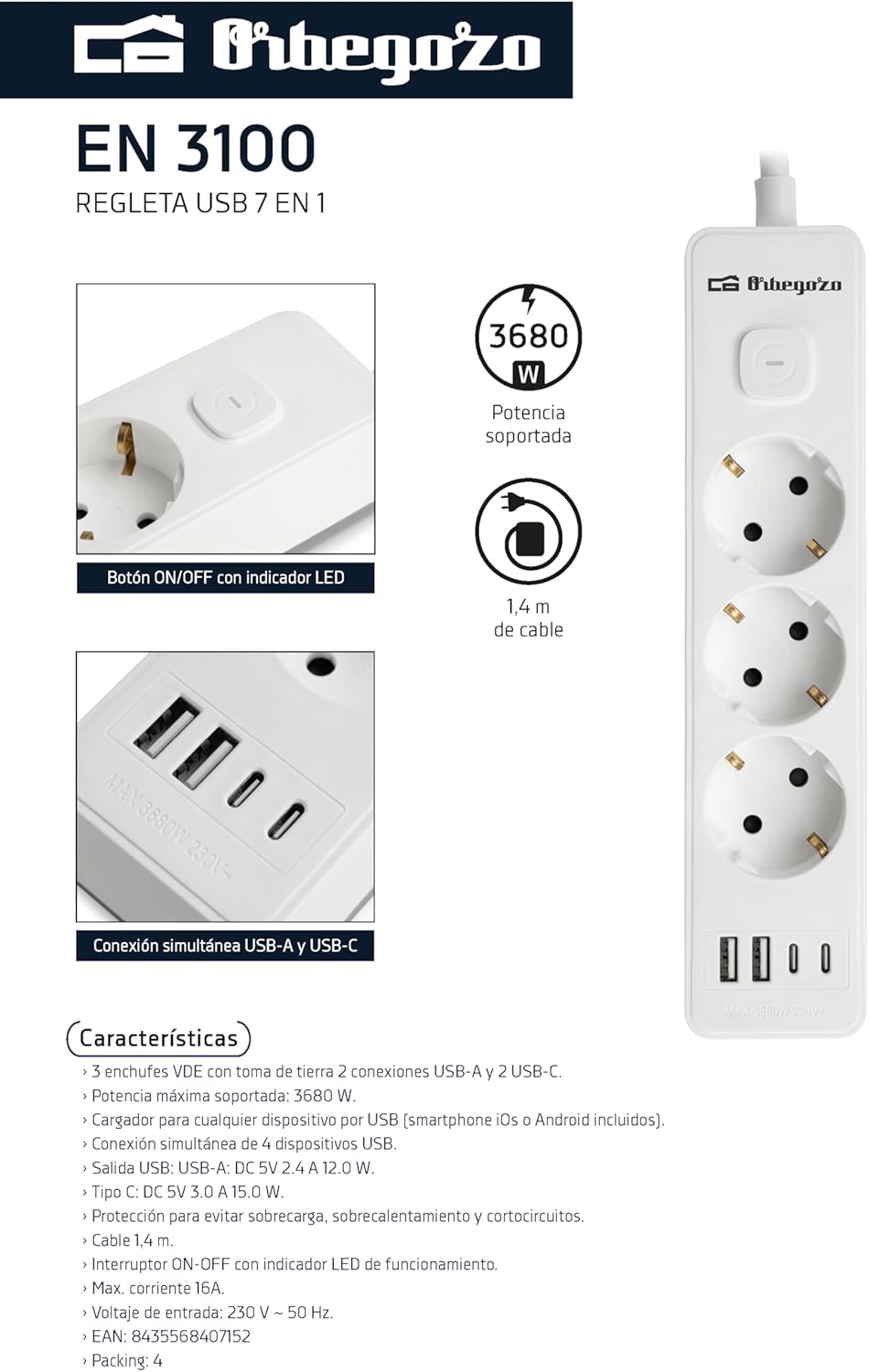 Régua de Energia com Interruptor Orbegozo EN 3100/ 3 Tomadas/ 2 USB/ 2 USB Tipo-C/ Cabo 1.4m/ Branca - Imagem 3