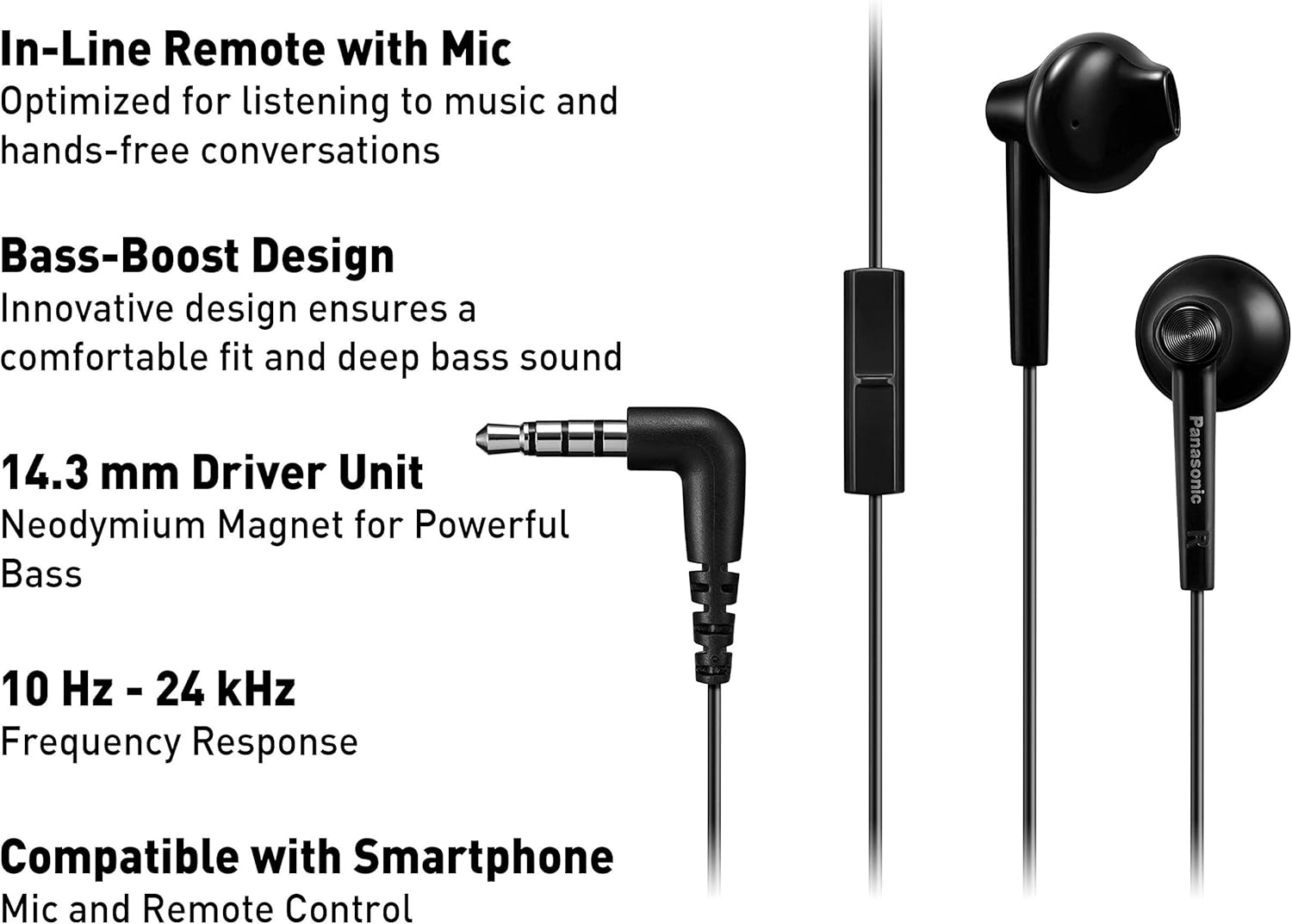 Auscultadores Intra-auriculares Panasonic RP-TCM55/ com Microfone/ Jack 3.5/ Pretos - Imagem 2