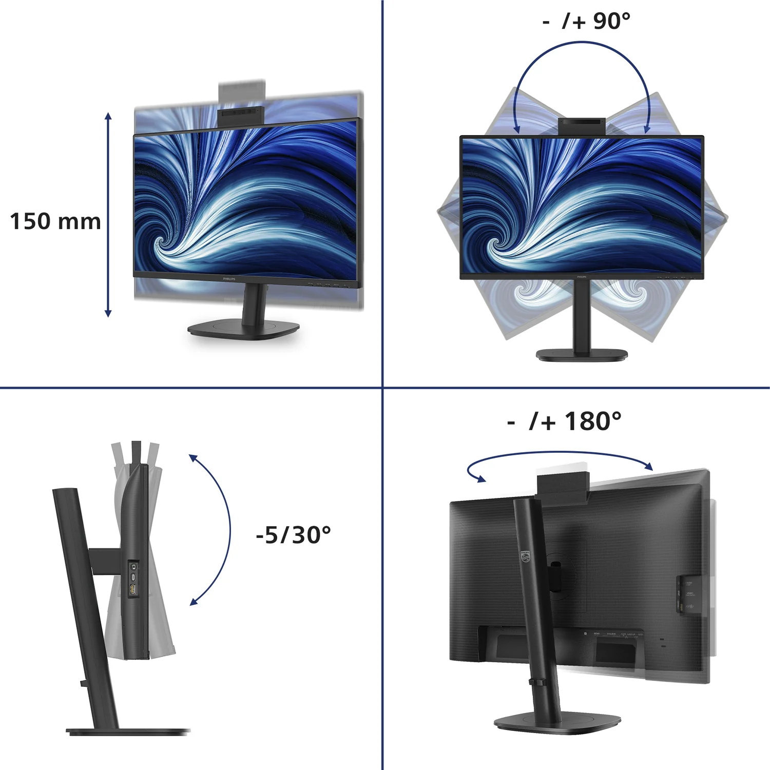 Monitor PHILIPS 24B2N3200JH 23.8" Full HD IPS 120Hz Webcam Colunas Ajustável Preto - Imagem 3