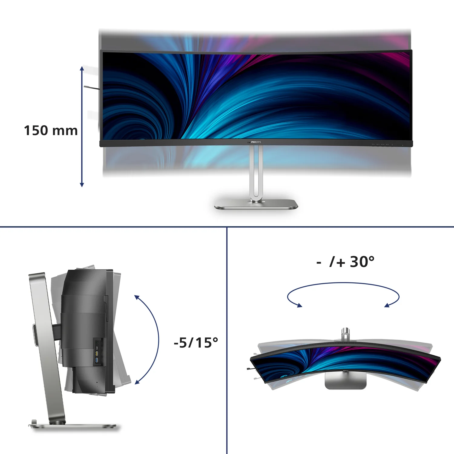 Monitor Curvo Philips 49B2U5900CH 48.8" Dual QHD 32:9 SuperWide Webcam USB-C HDR400 Prateado e Preto - Imagem 3