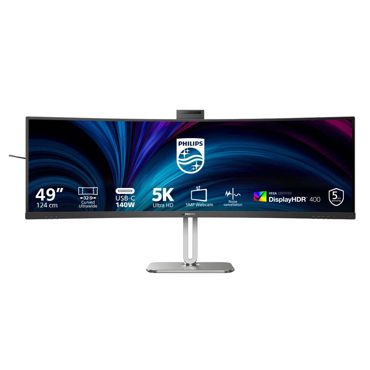 Monitor Curvo Philips 49B2U5900CH 48.8" Dual QHD 32:9 SuperWide Webcam USB-C HDR400 Prateado e Preto