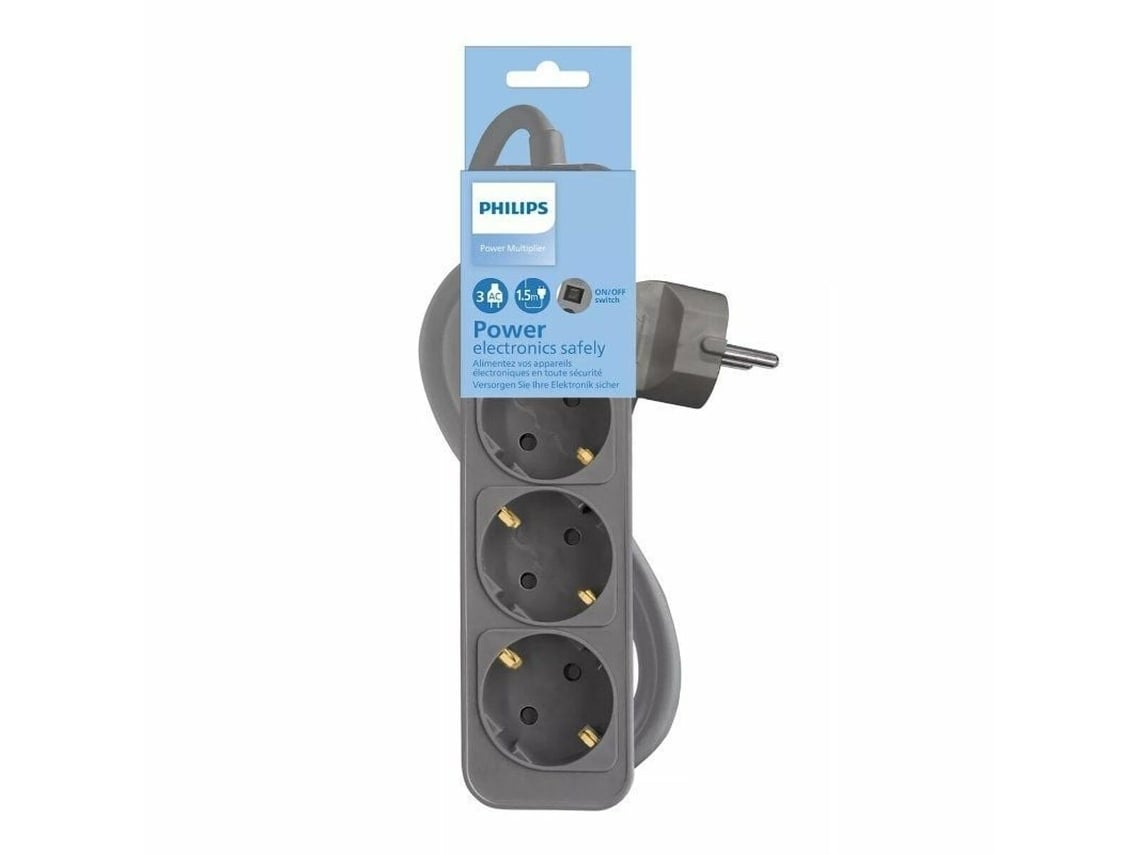 Ficha Tripla com Interruptor Philips CHP2134G/ 3 Tomadas/ Cabo 1.5m/ Cinzento - Imagem 2