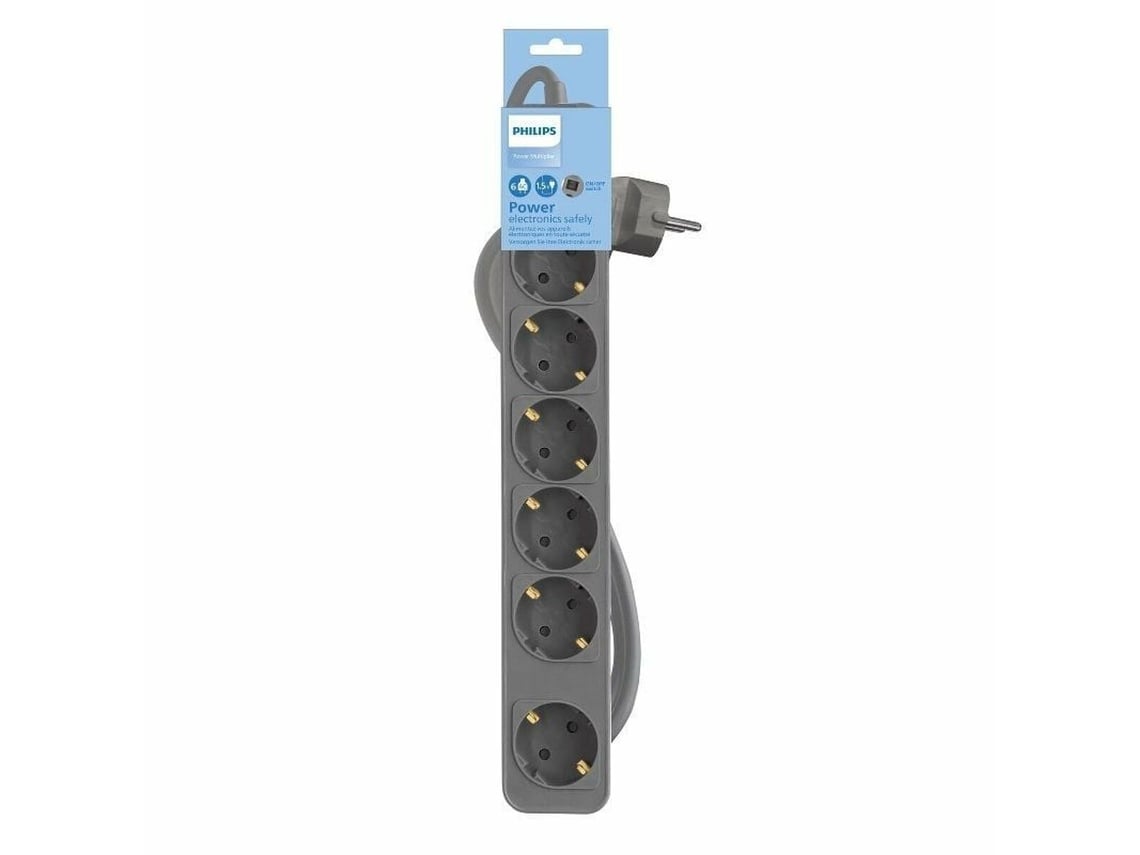 Régua com Interruptor Philips CHP2164G/10/ 6 Tomadas de Corrente/ Cabo 1.5m/ Cinzento - Imagem 2