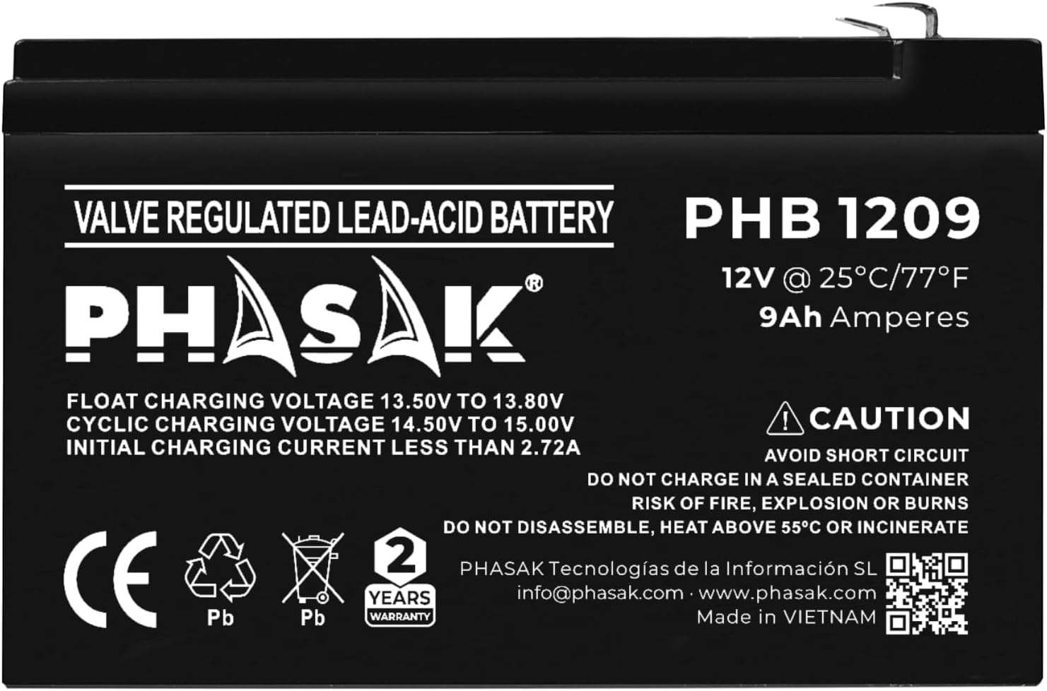 Bateria Phasak PHB 1209 compatível com SAI/UPS PHASAK conforme especificações