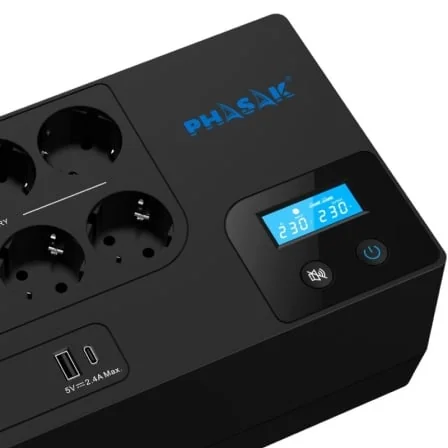 UPS PHASAK Smart Home 1050VA 600W 8 Tomadas Schuko LCD USB-A/C PH 9479 - Imagem 3
