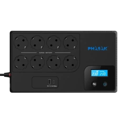 UPS PHASAK Smart Home 1050VA 600W 8 Tomadas Schuko LCD USB-A/C PH 9479 - Imagem 2