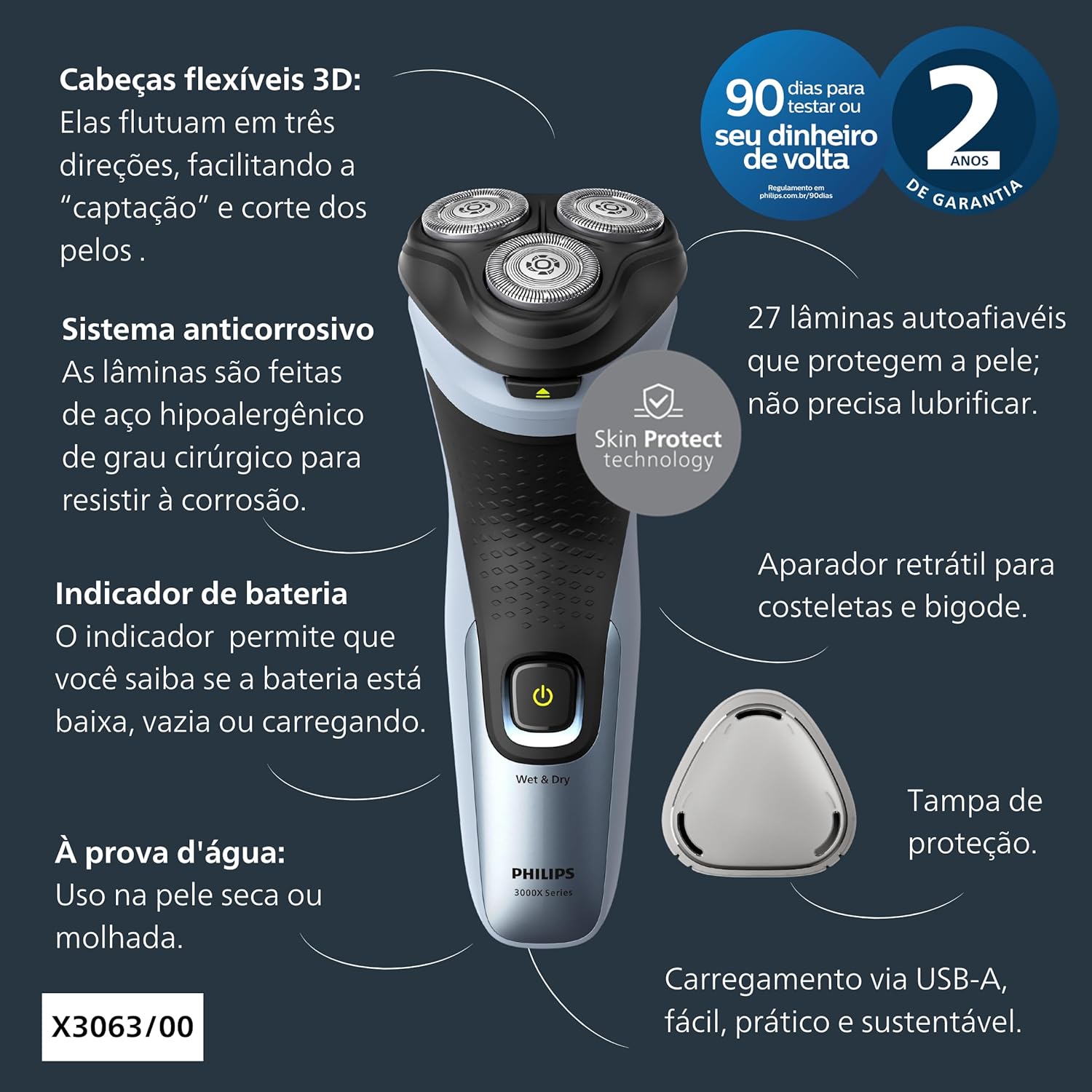 Máquina de barbear Philips Shaver Series 3000X X3063/ com Bateria/ 2 Acessórios - Imagem 5