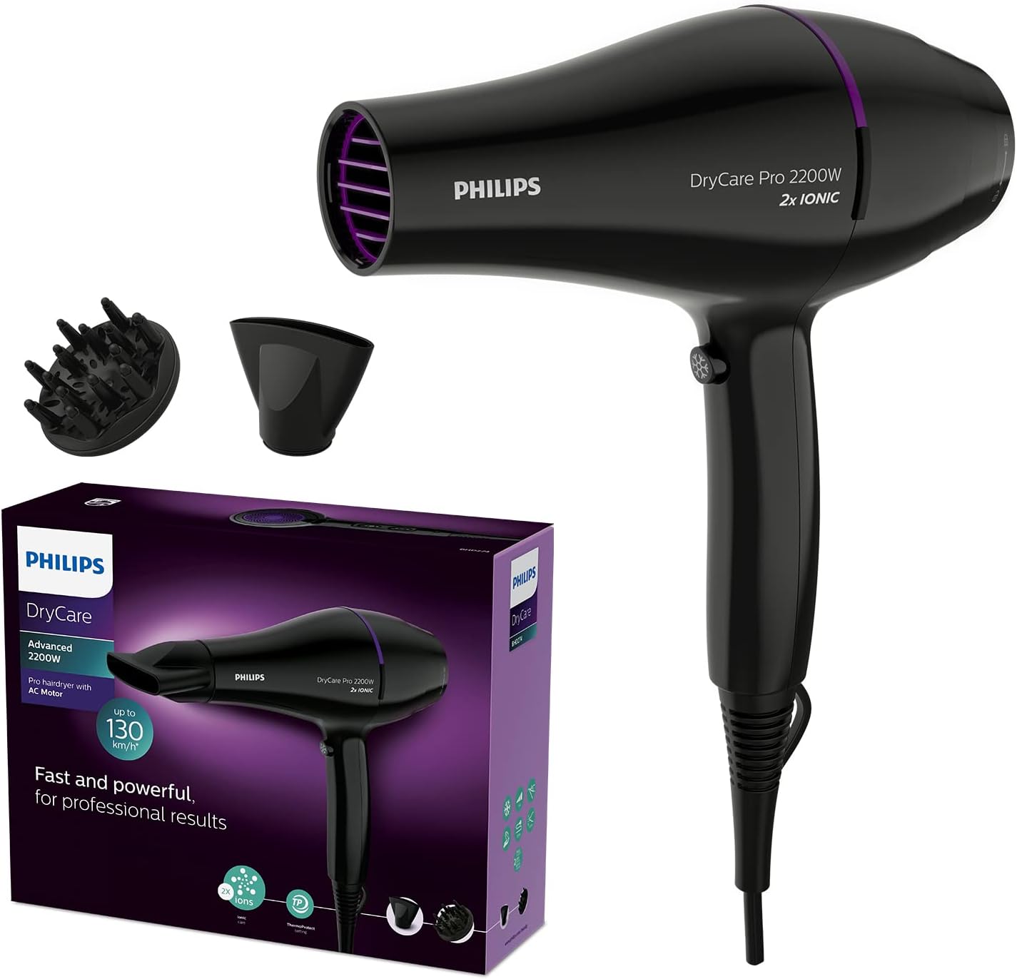 Secador de Cabelo Philips DryCare Pro BHD274 2200W Motor AC Iónico Preto e Violeta