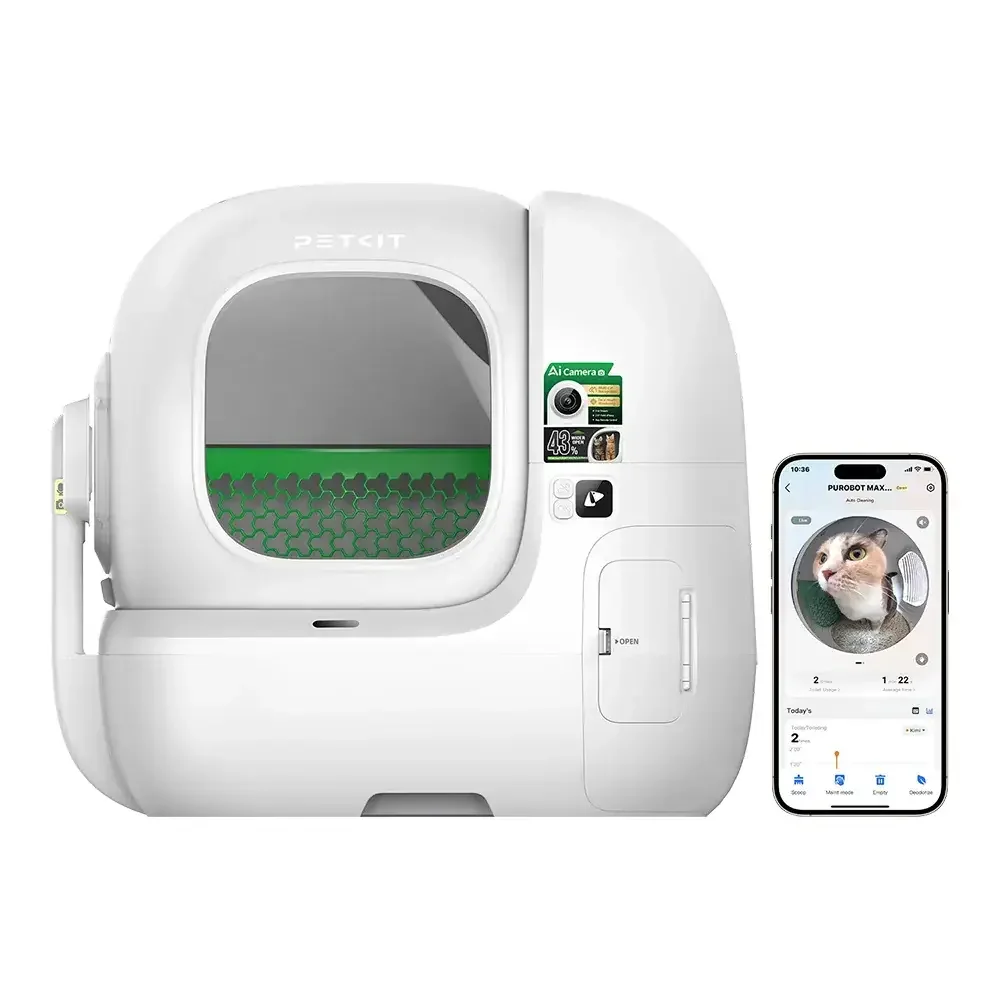 Areiro Automático para Gatos PETKIT PuroBot Max Pro 2 76L Câmara IA Controlo App Branco