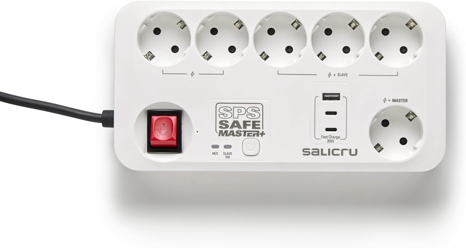 Ficha de Extensão com Interruptor Salicru SAFE MASTER+/ 5 Tomadas de Corrente/ 1 Master/ 2 USB Tipo-C/ 1 USB/ Cabo 1.4m/ Branca - Imagem 2