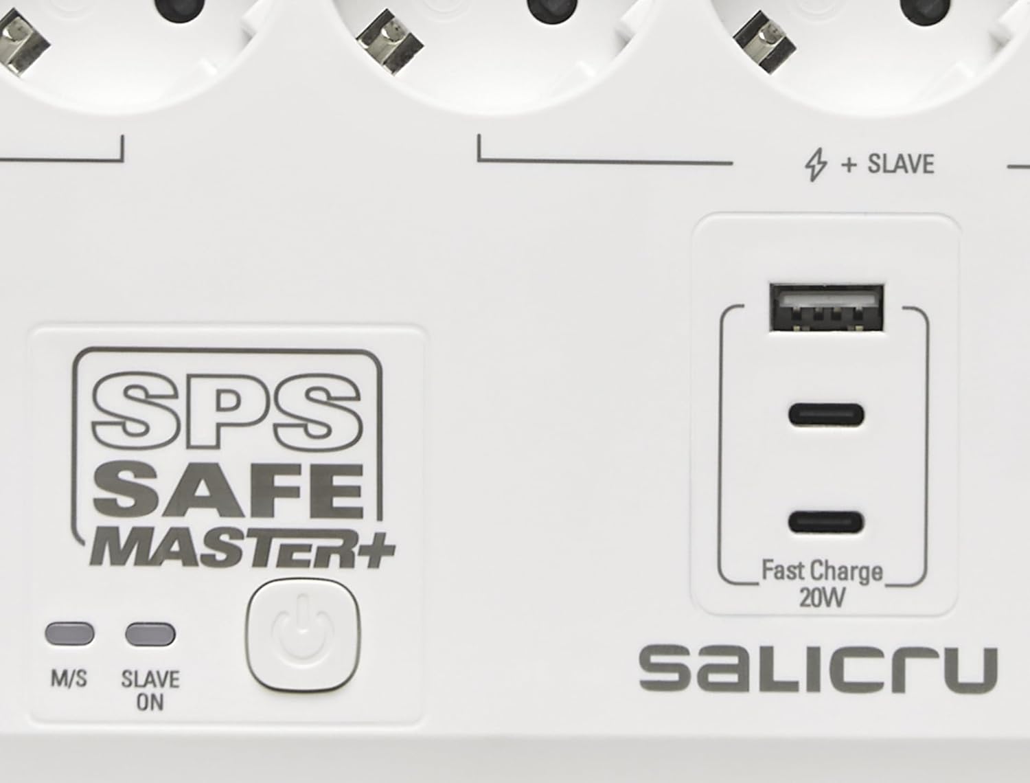 Ficha de Extensão com Interruptor Salicru SAFE MASTER+/ 5 Tomadas de Corrente/ 1 Master/ 2 USB Tipo-C/ 1 USB/ Cabo 1.4m/ Branca - Imagem 3