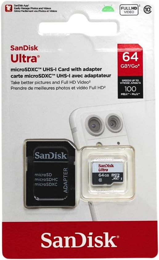 Placa de Memória SanDisk Ultra 64GB microSD XC com Adaptador/ Classe 10/ 100MB/s