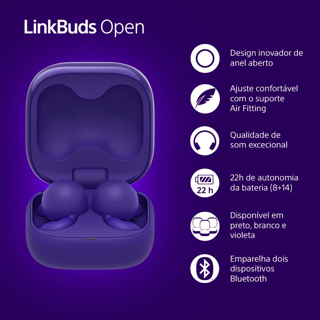 Auriculares Bluetooth Sony LinkBuds Open com estojo de carregamento/ Autonomia 8h/ Violetas - Imagem 2
