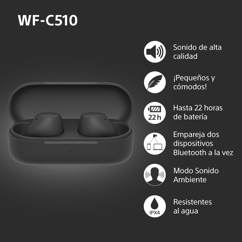 Auscultadores Bluetooth Sony WF-C510 com estojo de carregamento/ Autonomia 5h/ Pretos - Imagem 4