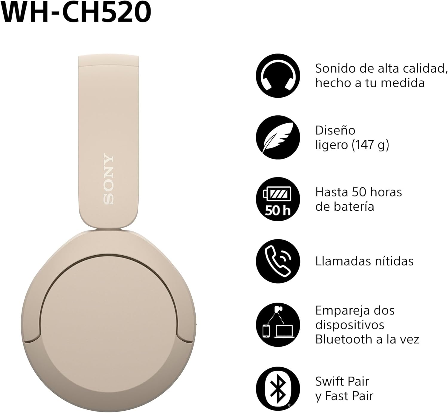 Auriculares Sem Fios Sony WH-CH520/ com Microfone/ Bluetooth/ Bege - Imagem 2