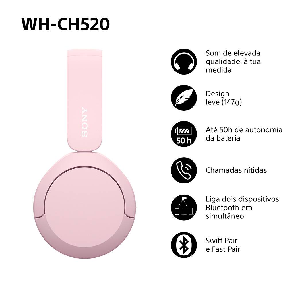 Auriculares Sem Fios Sony WH-CH520/ com Microfone/ Bluetooth/ Cor-de-rosa - Imagem 2