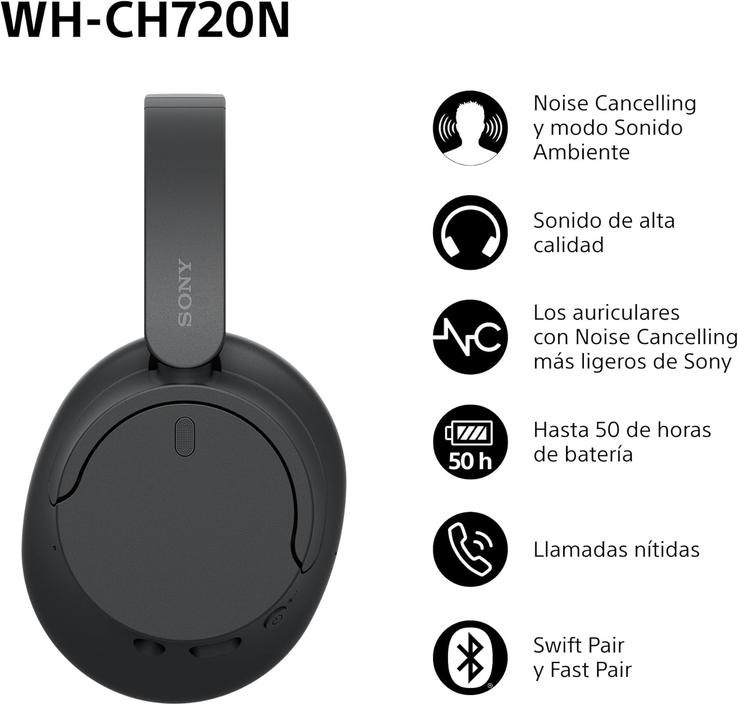 Auscultadores Sem Fios Sony WH-CH720N/ com Microfone/ Bluetooth/ Pretos - Imagem 2