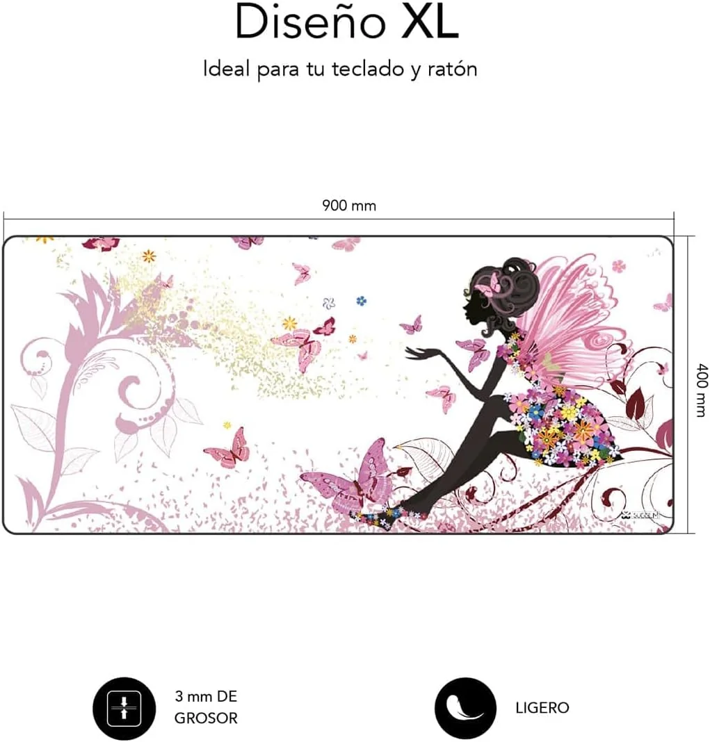 Tapete de Rato Subblim Hada XL 900x400x3mm Rosa Antiderrapante com Bordas Cosidas - Imagem 3