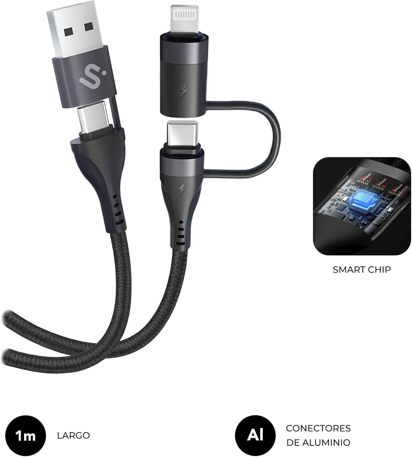 Cabo USB 2.0 Tipo-C Subblim Top 4 em 1/ USB Tipo-C Macho - USB Macho/ USB Tipo-C Macho - Lightning Macho/ Até 60W/ 480Mbps/ 1m/ Preto - Imagem 3