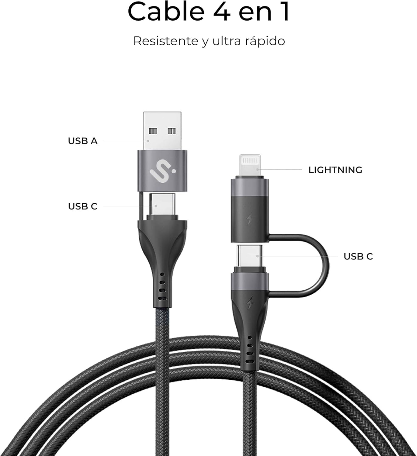 Cabo USB 2.0 Tipo-C Subblim Top 4 em 1/ USB Tipo-C Macho - USB Macho/ USB Tipo-C Macho - Lightning Macho/ Até 60W/ 480Mbps/ 1m/ Preto - Imagem 4
