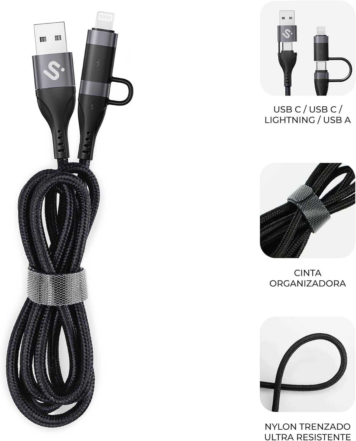 Cabo USB 2.0 Tipo-C Subblim Top 4 em 1/ USB Tipo-C Macho - USB Macho/ USB Tipo-C Macho - Lightning Macho/ Até 60W/ 480Mbps/ 1m/ Preto - Imagem 2