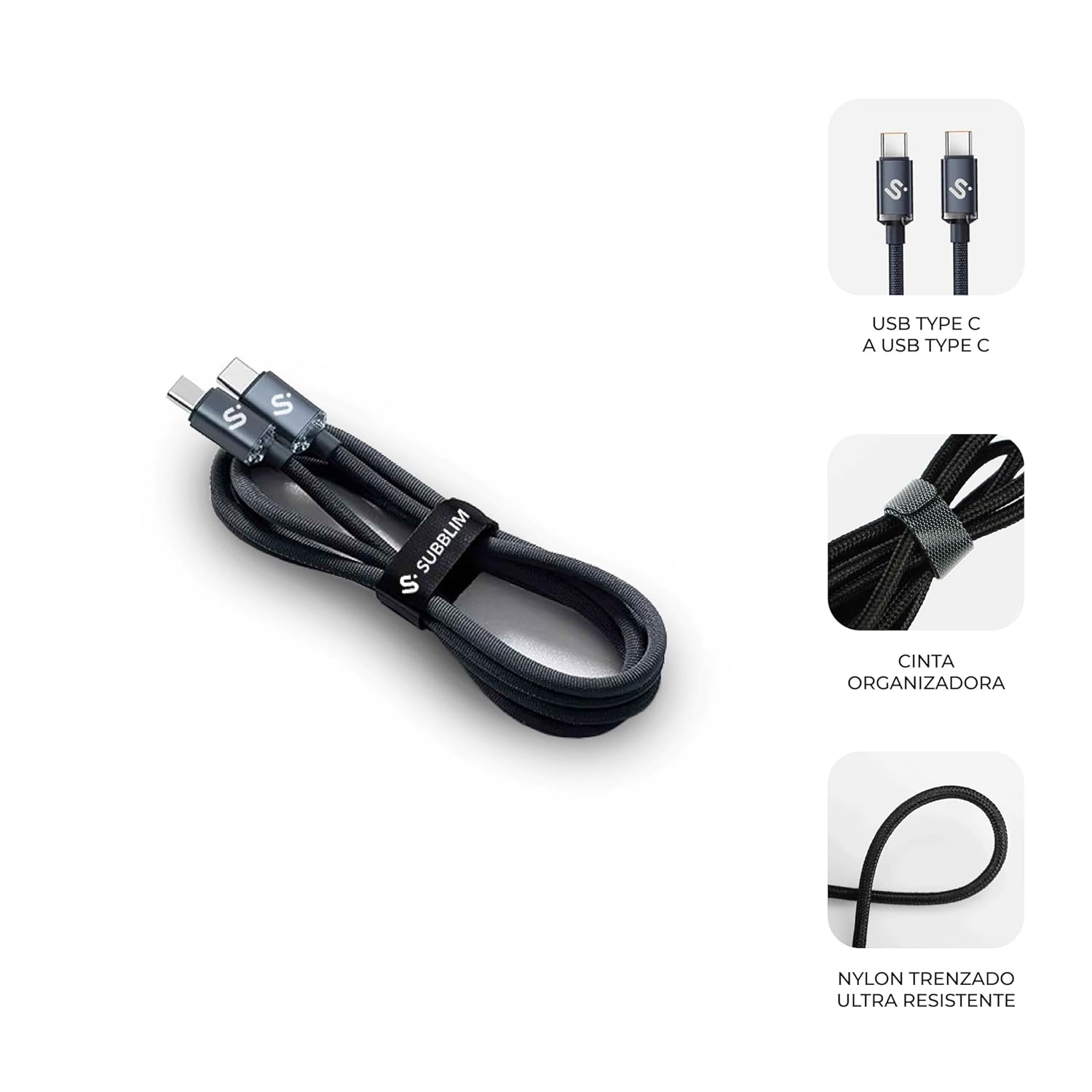 Cabo USB 2.0 Tipo-C Subblim Optimus/ USB Tipo-C Macho - USB Tipo-C Macho/ Até 60W/ 480Mbps/ 1m/ Preto - Imagem 3