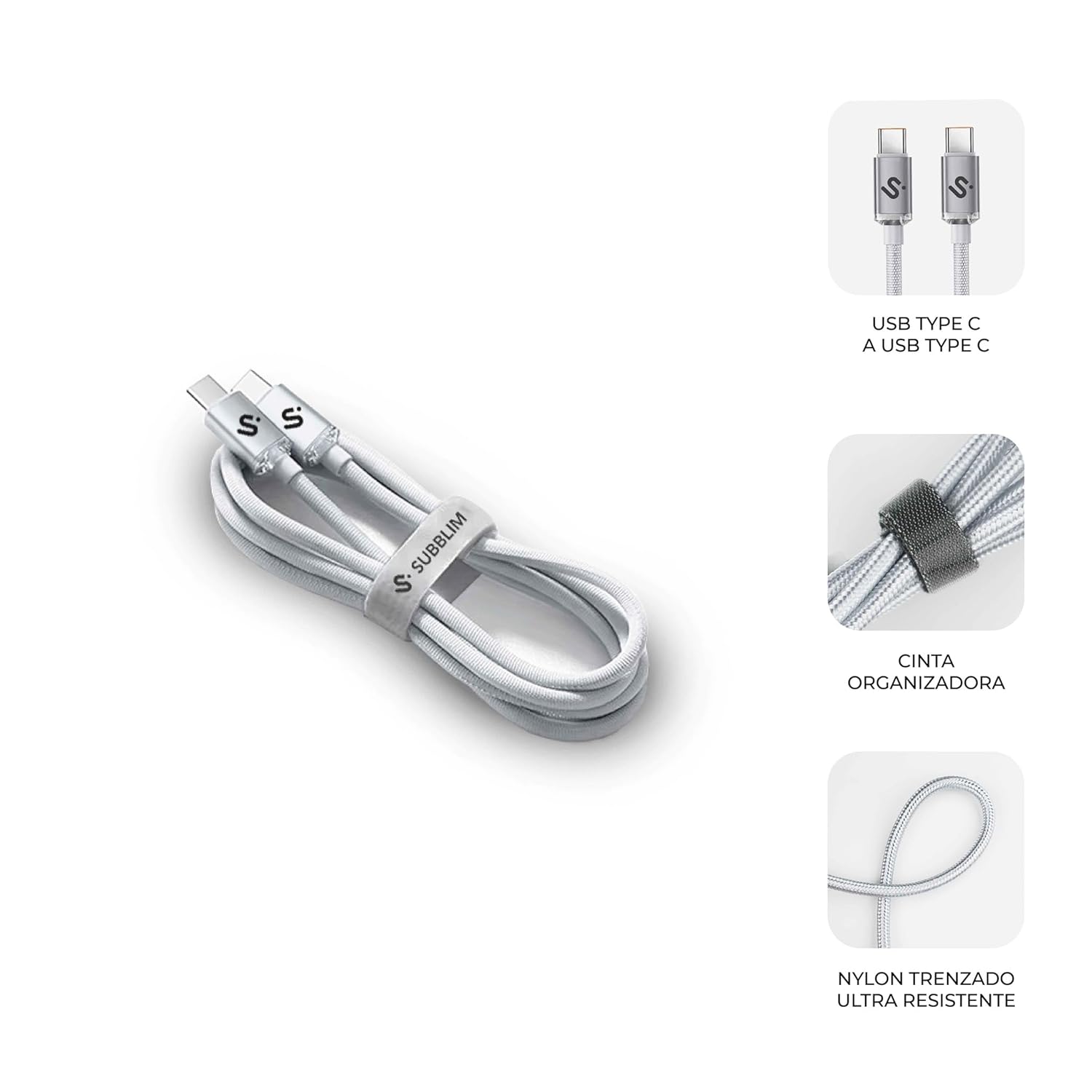 Cabo USB 2.0 Tipo-C Subblim Optimus/ USB Tipo-C Macho - USB Tipo-C Macho/ Até 60W/ 480Mbps/ 1m/ Branco - Imagem 3