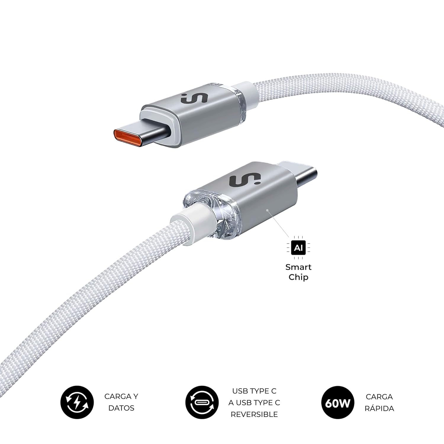 Cabo USB 2.0 Tipo-C Subblim Optimus/ USB Tipo-C Macho - USB Tipo-C Macho/ Até 60W/ 480Mbps/ 1m/ Branco - Imagem 2