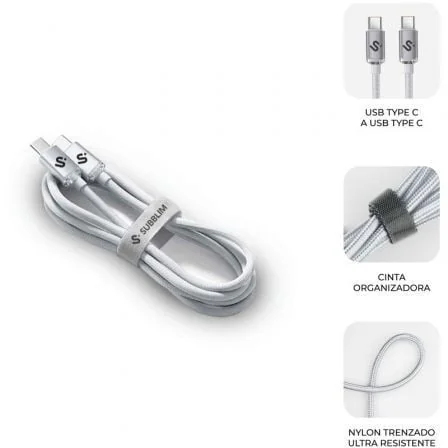 Cabo USB-C para USB-C Subblim Optimus 60W Power Delivery 480Mbps 2m Branco - Imagem 2