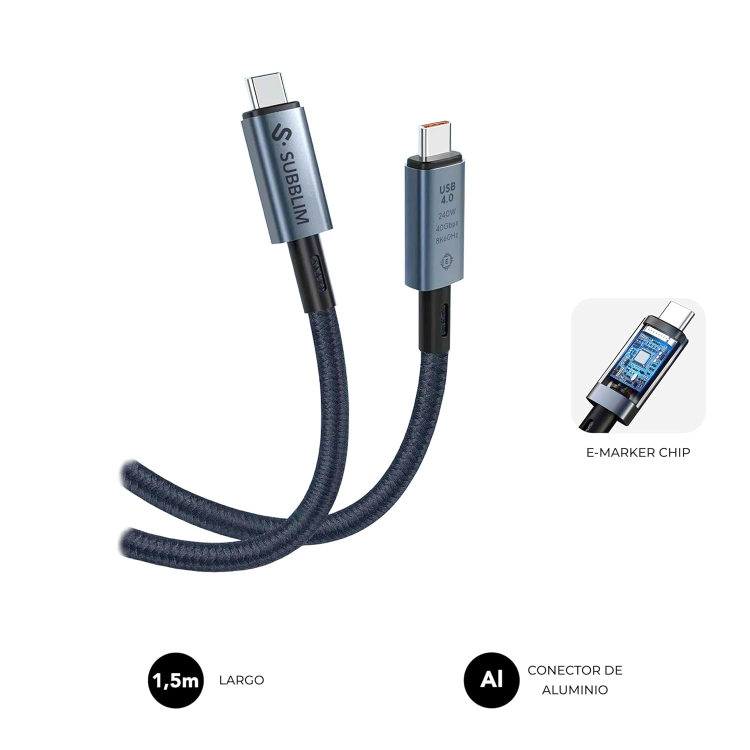 Cabo USB 4.0 Tipo-C Subblim Cabo High/ USB Tipo-C Macho - USB Tipo-C Macho/ Até 240W/ 1.5m/ Preto - Imagem 4