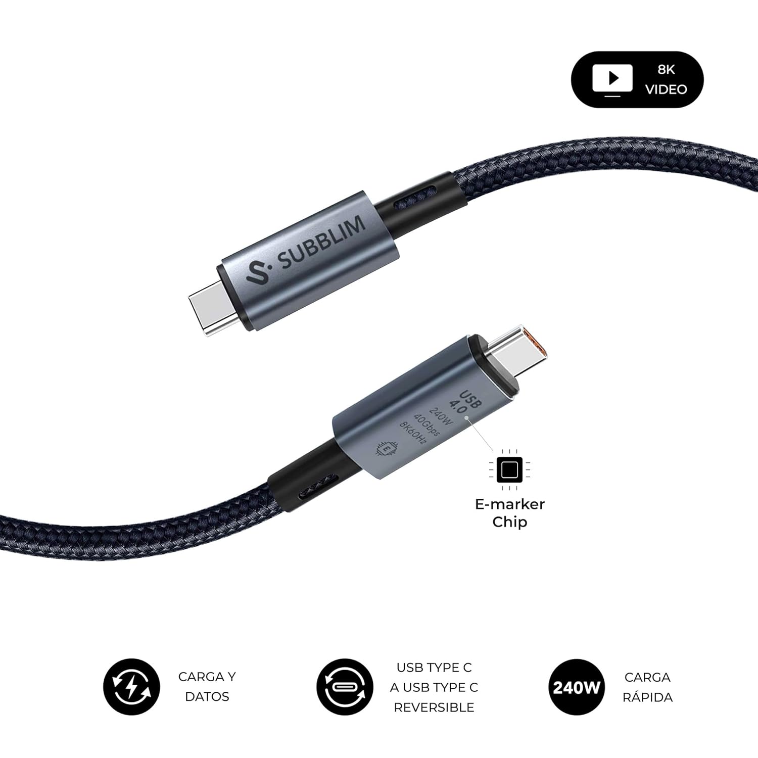 Cabo USB 4.0 Tipo-C Subblim Cabo High/ USB Tipo-C Macho - USB Tipo-C Macho/ Até 240W/ 1.5m/ Preto - Imagem 2